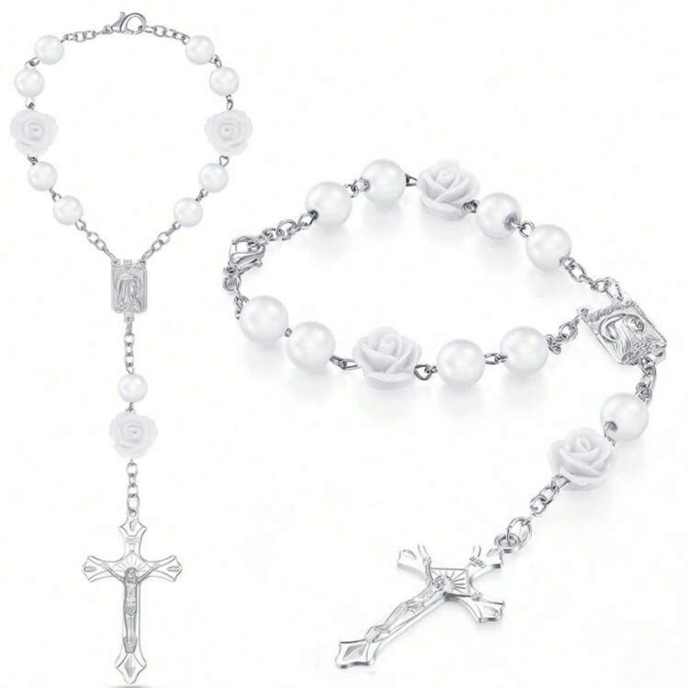 Elegant White Rosary Bead Necklace